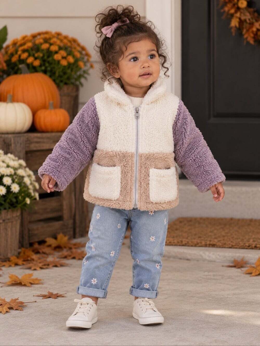 H&M Girls 12-18M Teddy Sherpa Fleece Jacket Colorblock Purple Cream Beige